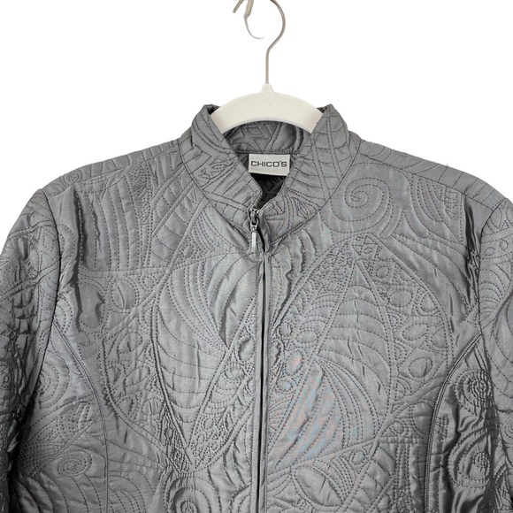 Chicos Quilted Jacket Silver Grey Sheen Long Sleeve Small - Picture 3 of 15